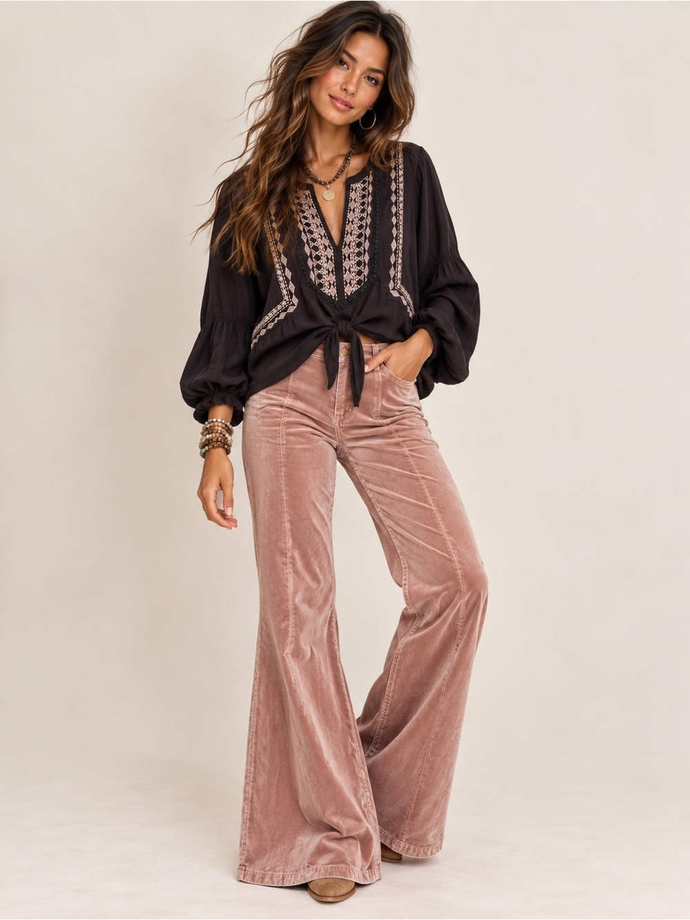 Knox Rose Black Embroidered Tie-Front Blouse